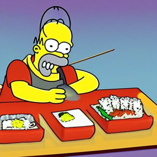 Image similar to homer simpson eating sushi, cartoon style.