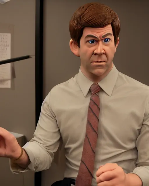 Prompt: jim halpert as a muppet. highly detailed felt. hyper real photo. 4 k.