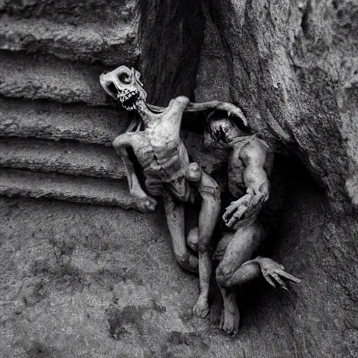 Prompt: a small man climbing out of the mouth of a kneeling man very cinematic surrealist exquisite award winning detail dark horror anxiety grotesque body horror weird uneven unrealistic proportions dark creepy