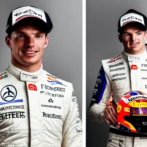 Image similar to a portrait of a mercedes f 1 driver in a white overall with the face of max verstappen, peofessional portrait photography, ambient light