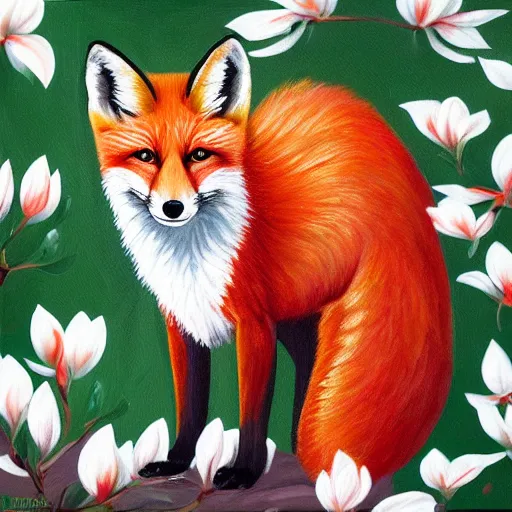 Image similar to painting of a cute red fox in the middle of a white magnolia forest