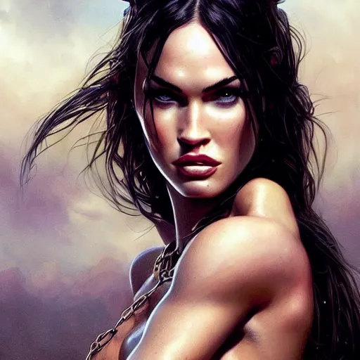 Image similar to portrait of megan fox, muscular upper body, slave collar, bikini, fantasy, intricate, elegant, highly detailed, digital painting, artstation, concept art, matte, sharp focus, illustration, art by aenaluck and roberto ferri and greg rutkowski, epic fantasy, digital painting