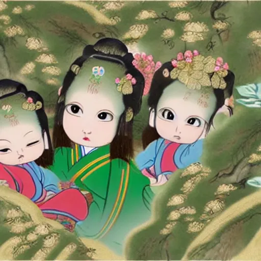 Prompt: animated chinese fairytale forest babies with ginseng leaves for their hair