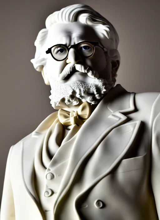 Image similar to colonel sanders as calacatta marble statue by michaelangelo, high lights, 4 k, high detailed photography, 5 0 mm lens, depth of field, cinematic