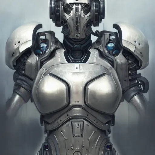 Image similar to portrait painting of a cybernetic grey ravenlike cyborg with power armor, ultra realistic, concept art, intricate details, eerie, highly detailed, photorealistic, octane render, 8 k, unreal engine. art by artgerm and greg rutkowski and alphonse mucha