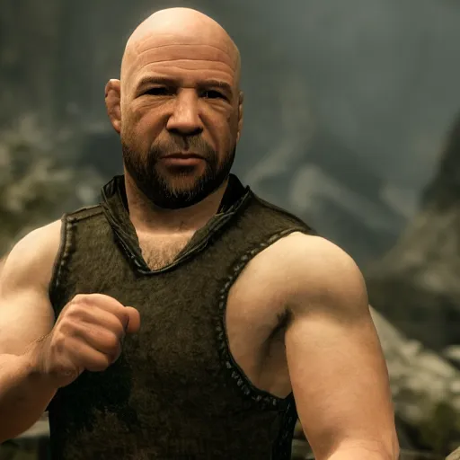 Image similar to character screenshot of ufc president dana white, npc, skyrim, wilderness, 1 0 8 0 p, bokeh, elder scrolls v, detailed, dialog