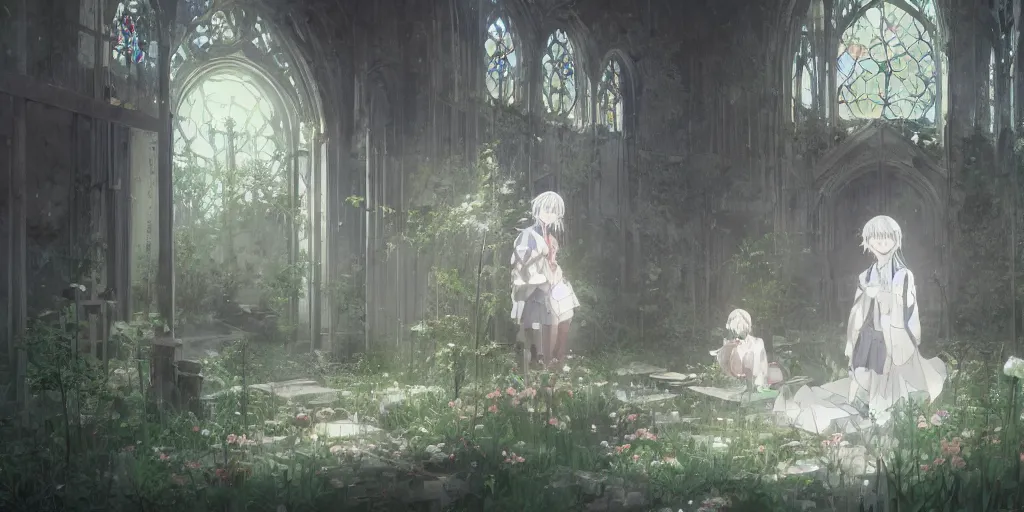 Image similar to anime kyoto animation key by greg rutkowski night, single white hair girl in abandoned chapel with overgrown flowers and plants