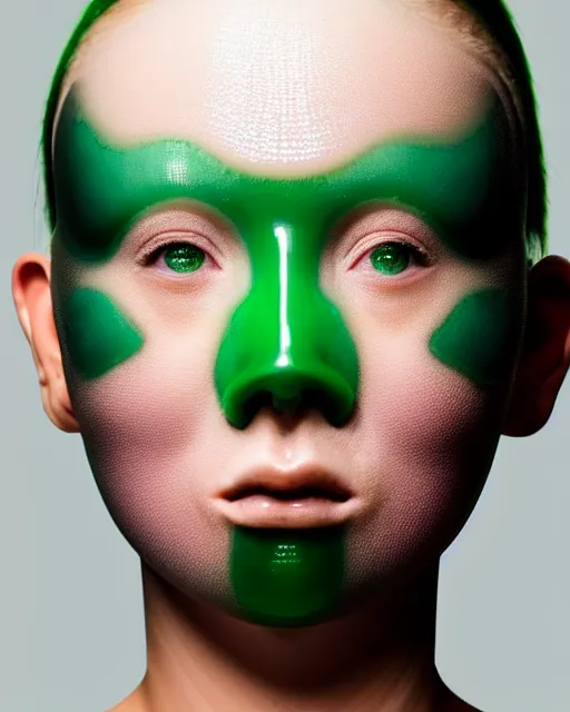 Image similar to symmetrical close - up portrait of a woman wearing a translucent silicone beauty mask and green hair, wearing a black bodysuit by alexander mcqueen, black background, soft diffused light, biotechnology, humanoide robot, bjork aesthetic, translucent, by rineke dijkstra, intricate details, highly detailed, masterpiece,