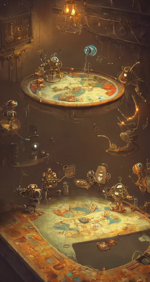 Prompt: a beautiful tapestry of a dream, a small robot playing a game, ultra detailed, reflective pool, atmospheric, steampunk, moody, candles, characters from machinarium, by don bluth, trending on artstation, octane render, 8 k, ultra realistic