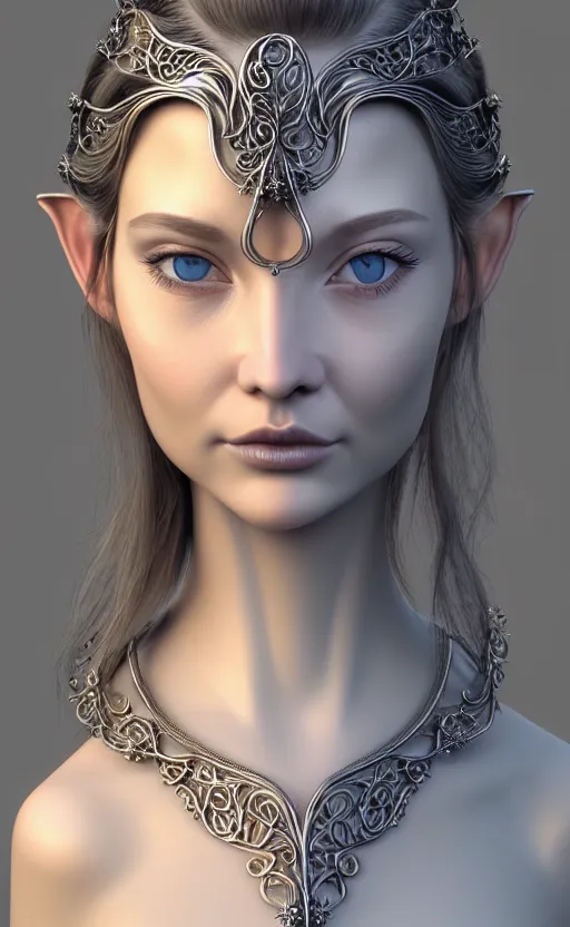 Prompt: complex 3 d render, ultra detailed, realistic headshot portrait of a beautiful porcelain skin woman, face, wispy, wavy hair worn tied back in a messy bun, wearing fine filigree silver elven circlet, fine filigree breastplate, detailed open eyes, round catchlights, flowers in hair, mauve lips, 5 0 mm lens, beautiful,