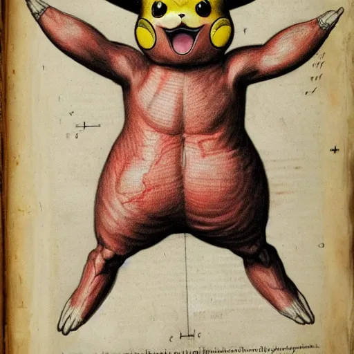 Image similar to anatomical drawing of Pikachu, with organs labeled, 16th century medical textbook