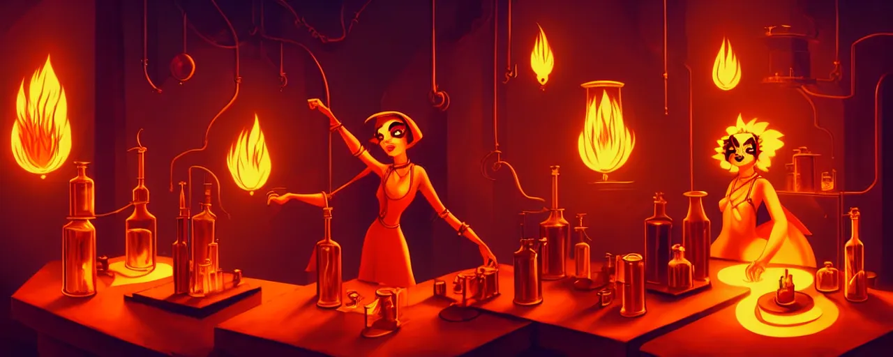 Image similar to uncanny alchemist catgirls in a fiery alchemical lab, dramatic lighting, surreal 1 9 3 0 s fleischer cartoon characters, surreal painting by ronny khalil