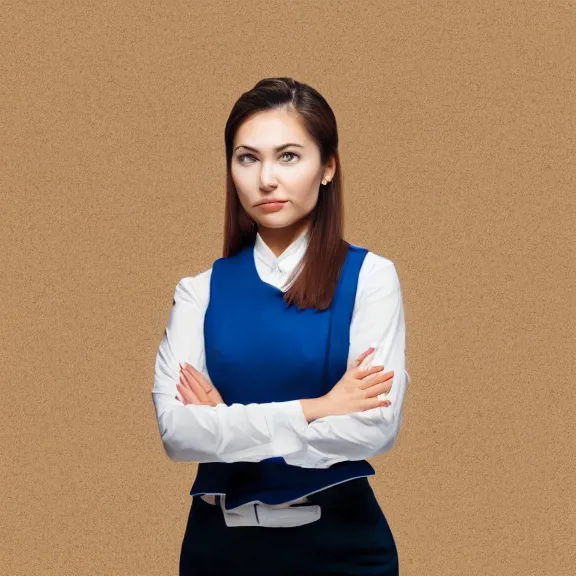 Image similar to portrait of 2 5 - year - old business woman with angle 9 0 ° centred looking away breading fresh air, strong spirit and look serious, background soft gradian blue