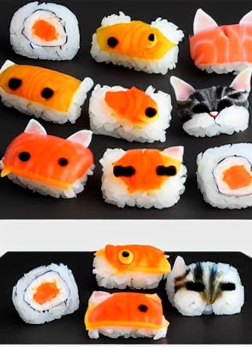 Image similar to clear photorealistic picture of adorable cats made out of sushi