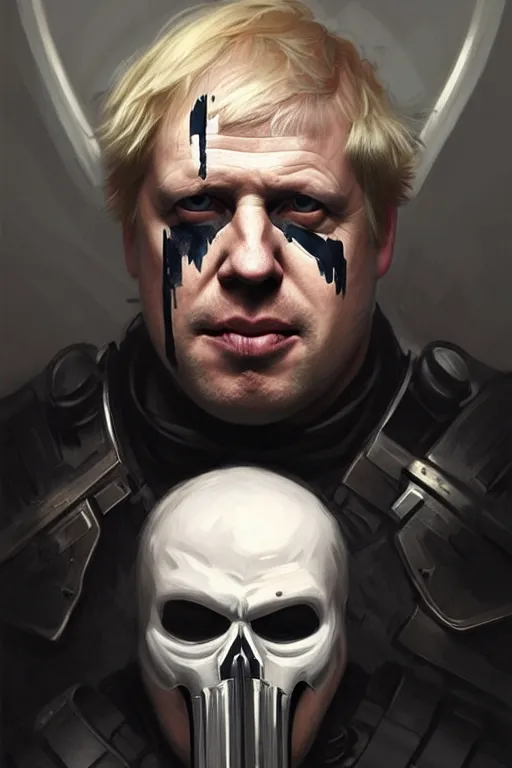 Image similar to Boris Johnson as Punisher, armor plate, realistic portrait, symmetrical, highly detailed, digital painting, artstation, concept art, smooth, sharp focus, illustration, cinematic lighting, art by artgerm and greg rutkowski and alphonse mucha