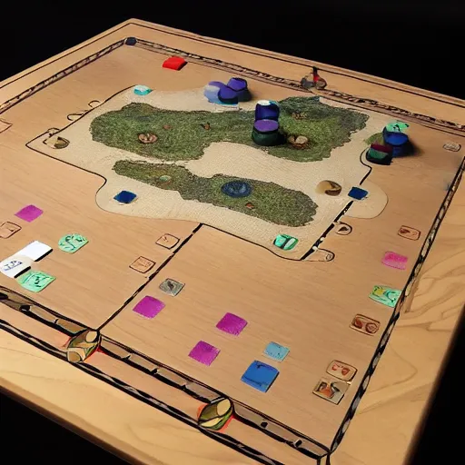 Image similar to board for a board game including two large islands, two medium sized islands, and one small island