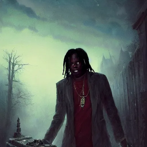 Prompt: a hauntingly beautiful painting by greg rutkowski and thomas kinkade of a chiefkeef in a graveyard at night, trending on artstation.