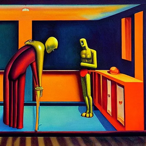 Prompt: disco robot monks, grant wood, pj crook, edward hopper, oil on canvas