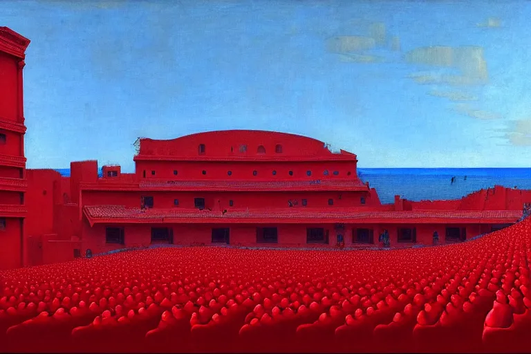 Image similar to only with red, a red great emperor, taormina amphitheatre, crowd with big smile, in the style of beksinski, parts by edward hopper, parts by rodcenko, parts by yue minjun, intricate and epic composition, red by caravaggio, insanely quality, highly detailed, masterpiece, red light, artstation, 4 k