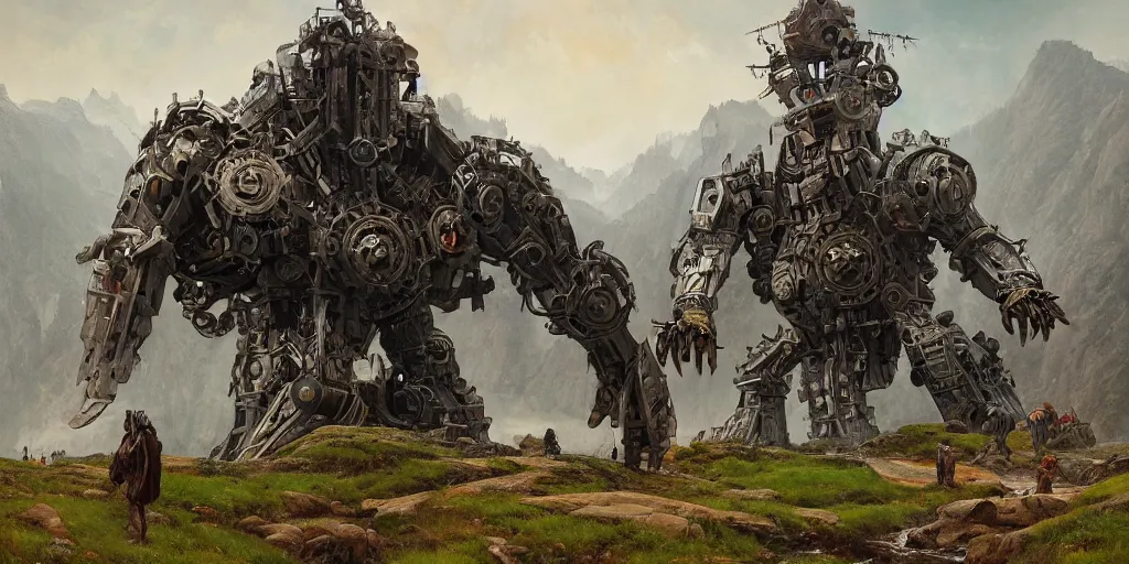Prompt: legs of steel titan colossus in pacing through hills, river, mountain valley to factory, with huge gears, fine art, artstation, matte painting, masterpiece by vasnetsov and raphael