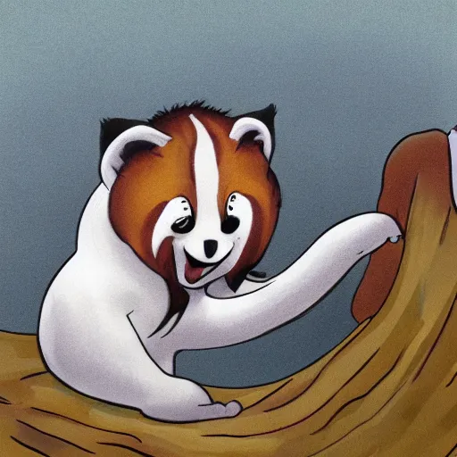 Image similar to cute cartoon drawing of a female anthro red panda waking up from bed yawning and stretching, trending on artstation