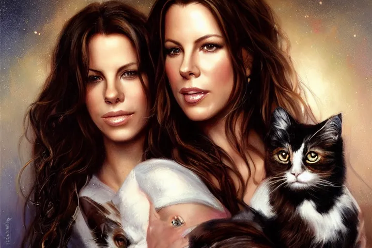 Image similar to portrait of kate beckinsale holding a cat, an oil painting by ross tran and thomas kincade
