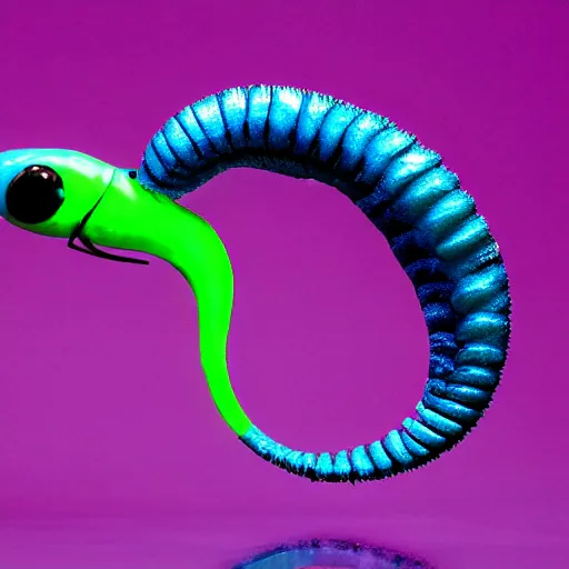 Image similar to studio photograph of a matte dark gray worm with a neon blue head and tail