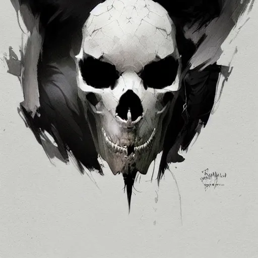 Prompt: portrait of a character wearing a black cloak, with a white mask in the shape of a deer skull, no antlers, dramatic lighting, illustration by Greg rutkowski, yoji shinkawa, 4k, digital art, concept art, trending on artstation