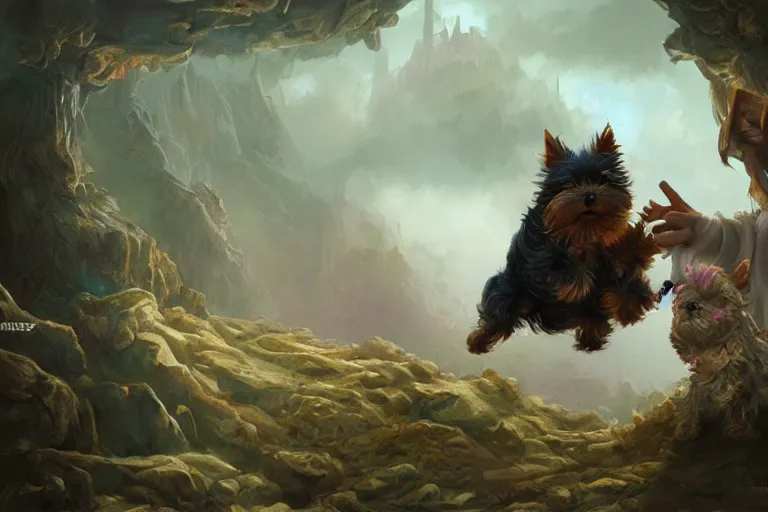 Prompt: an intricate colorful matte painting of a yorkshire terrier puppy fighting a wizard, by Christophe Vacher and Bastien Lecouffe-Deharme, trending on artstation