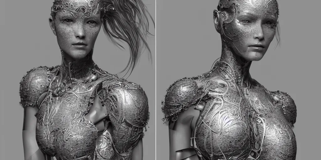 Image similar to hyper realistic photography of a beautiful cyborg female, intimately holding close, chrome finish intricate filigree, in the style of beth cavener, jin kagetsu, wlop, highly detailed, symmetry, masterpiece, concept art, ringflash, highkey lighting, ambient lighting, octane render, 8 k, artstation