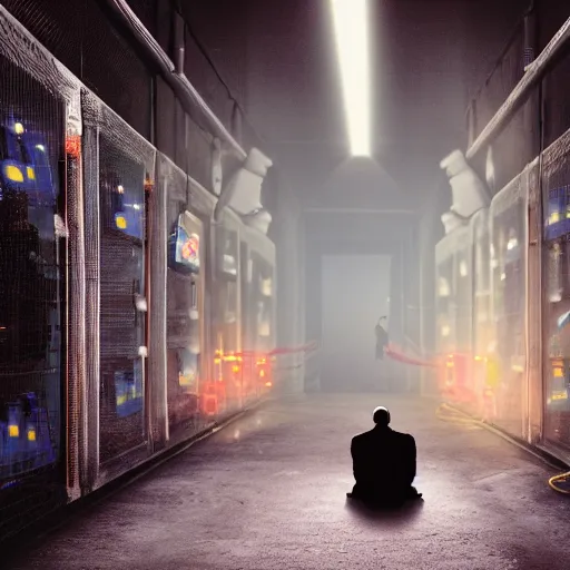 Image similar to a single monk kneeling with wires connecting him to a computer, nirvana, machines and wires everywhere, flashing neon lights, creepy, dark shadowy surroundings, dystopian scifi, horror, stefan koidl inspired, 4 k