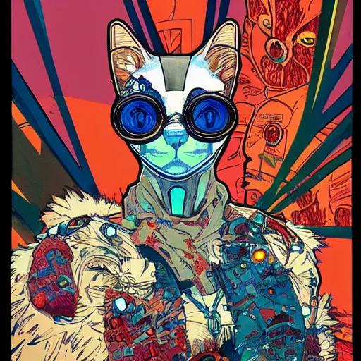 Image similar to cyberpunk cat cyborg portrait illustration, pop art, splash painting, art by geof darrow, ashley wood, alphonse mucha, makoto shinkai