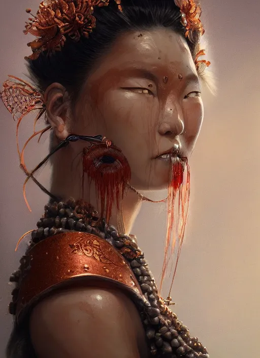 Image similar to a beautiful detailed oil on copper art illustration of a japanese obeshimi mask woman, centered, by charlie bowater, zeng fanzh, trending on artstation, dim dusk lighting, cinematic lighting, detailed lighting, volumetric lighting, realistic, f 8, 4 k hd wallpaper