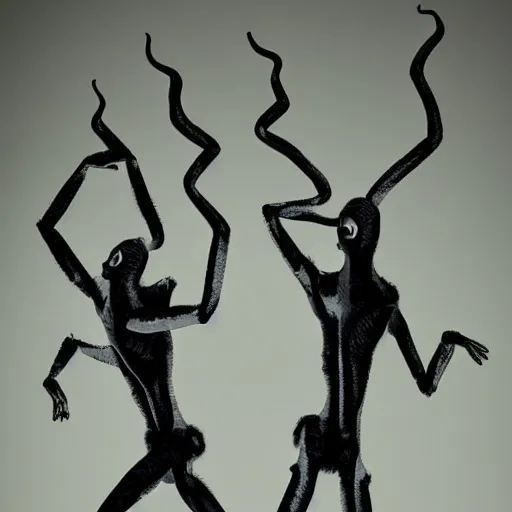 Prompt: Two elegant humanoid creatures fused at the shoulders dancing on their pointy limbs