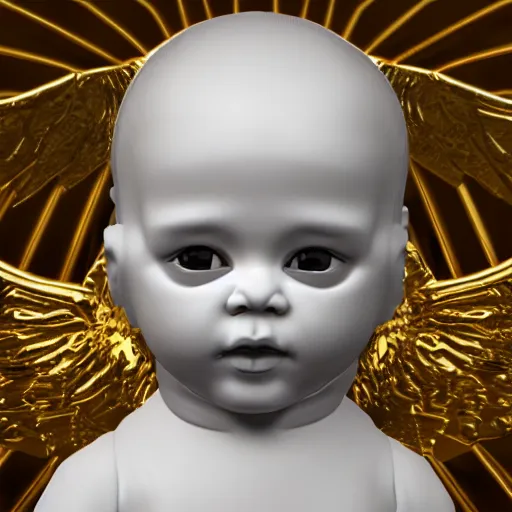 Image similar to a high tech 3 d rendering of a a baby cherub angel wearing a balaclava face mask, ski mask, face covered, covered face, fixed eyes, tattoos, multiple gold cuban chain necklace, concept art octane render, blender,