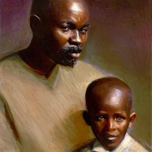 Image similar to a painting of a elegant, well fed, smooth-chinned, long nose, elder with few eyebrows and his son from Kenya by Henry Ossawa Tanner . thinker without facial hair, thoughtful, focused, visionary, calm, jovial, loving, fatherly, generous, . dramatic angle, ethereal lights, details, smooth, sharp focus, illustration, realistic, cinematic, artstation, award winning, rgb , unreal engine, octane render, cinematic light, macro, depth of field, blur, red light and clouds from the back, highly detailed epic cinematic concept art CG render made in Maya, Blender and Photoshop, octane render, excellent composition, dynamic dramatic cinematic lighting, aesthetic, very inspirational, arthouse.