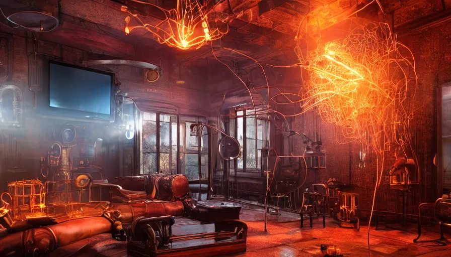 Prompt: A glowing electrical Steampunk Flat Screen Television in a victorian museum, james gurney, cinematic lighting, lots of steam and sparks, wires made of copper, artstation, vibrant nature, Tuomas Korpi, tekkon kinreet, volumetric light, artstation, , octane render, redshift render, low angle camera, rich deep moody colors