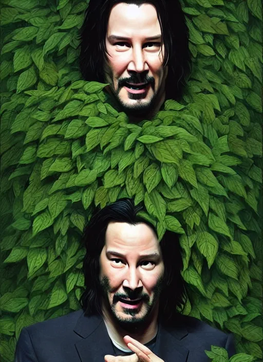 Image similar to highly detailed comedy caper movie poster with silly wacky zany keanu reeves as a sentient pile of leaves, keanu reeves green face as a sentient leafy bush by greg rutkowski, masterpiece, really funny, 1 0 / 1 0 comedy