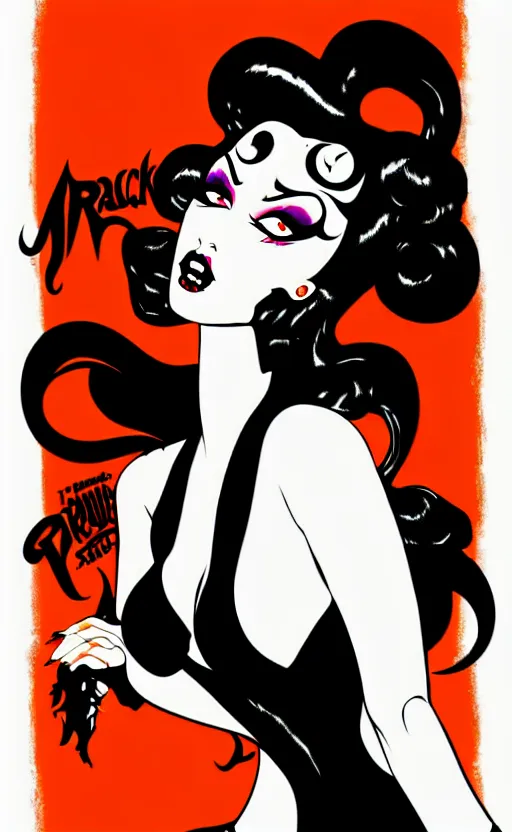 Prompt: goth girl with a detailed face and black hair, burlesque psychobilly, rockabilly, punk, white background, vector art, illustration by frank frazetta