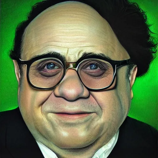 Image similar to hyperrealistic mixed media high resolution image of Danny DeVito made of green gelatin, stunning 3d render inspired art by István Sándorfi and Greg Rutkowski, perfect symmetry, dim volumetric lighting, 8k octane beautifully detailed render, post-processing, extremely hyper-detailed, intricate, epic composition, highly detailed attributes, highly detailed atmosphere, cinematic lighting, masterpiece, trending on artstation, very very detailed, masterpiece, stunning, flawless structure, lifelike texture, perfection,