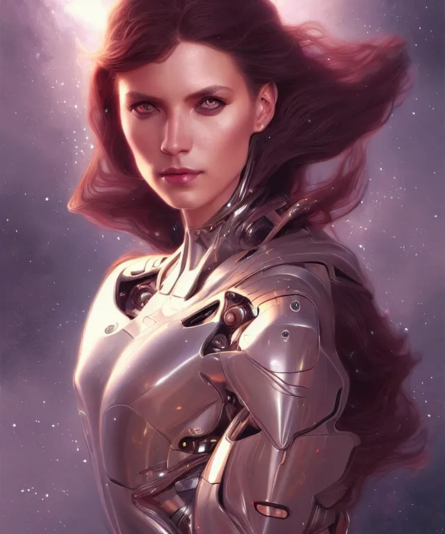 Image similar to futuristic woman portrait, sci-fi, amber eyes, face, long hair, fantasy, intricate, elegant, highly detailed, digital painting, artstation, concept art, smooth, sharp focus, illustration, art by artgerm and greg rutkowski and alphonse mucha