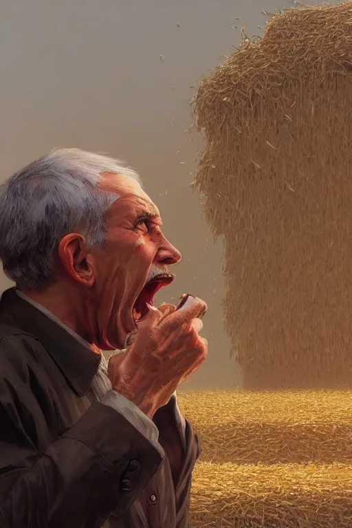 Image similar to an old man yelling at a pile of hay, realistic painting, symmetrical, highly detailed, digital painting, artstation, concept art, smooth, sharp focus, illustration, cinematic lighting, art by artgerm and greg rutkowski and alphonse mucha