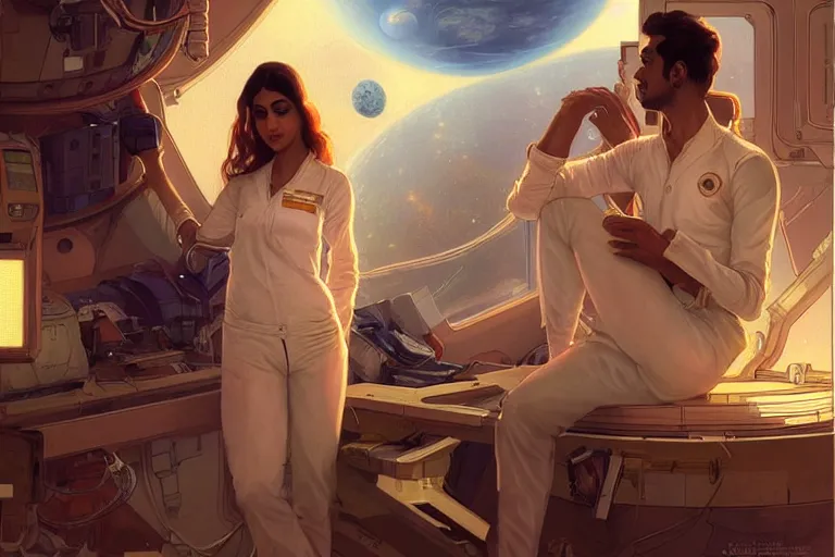 Prompt: Sensuous good looking pale young Indian doctors wearing jeans in a space station above Earth, portrait, elegant, intricate, digital painting, artstation, concept art, smooth, sharp focus, illustration, art by artgerm and greg rutkowski and alphonse mucha