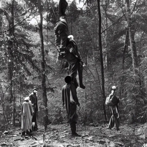 Image similar to wide shot, a squad of executed American Soldiers hanged mid-air on trees, deep in the thick forest, painting, colored, eerie, Lovecraftian, eldritch horror, 1967