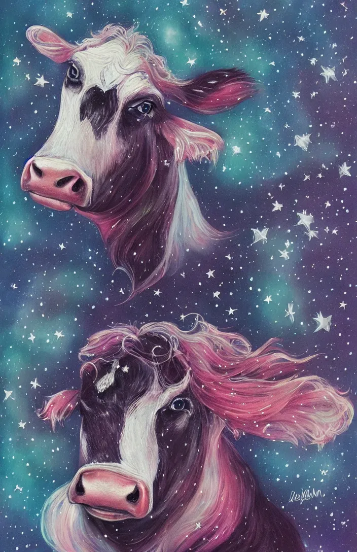 Image similar to cow in the stars in the style of Anna Dittman