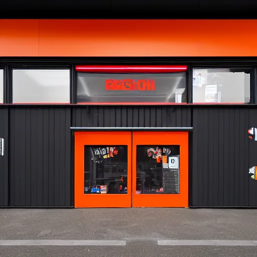 Image similar to Award winning shopfront, convenience store, dark grey, anthracite with bright red and orange accents, perforated metal, paint, laser cut textures, highly detailed, bright signage, vinyl on glazing, retaildesignblog.net, retail-focus.co.uk, trending, best of, 14mm architectural photography,