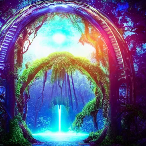 Prompt: stargate portal full of water bursting to another dimension inside a beautiful tree in a densely overgrown jungle, fantasy, dreamlike sunrise volumetric lighting, ultra realistic, atmospheric, stopped in time, epic