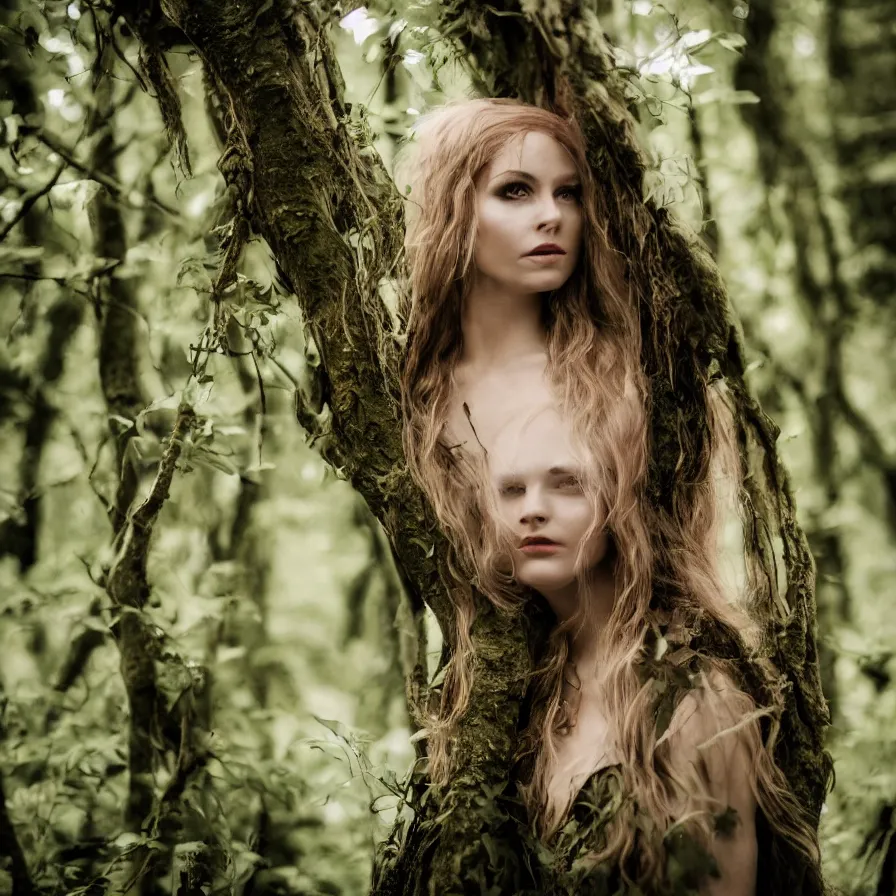 Image similar to A photo of a beautiful and dangerous Elven Queen in her forest; natural light; f/1.4; 90mm