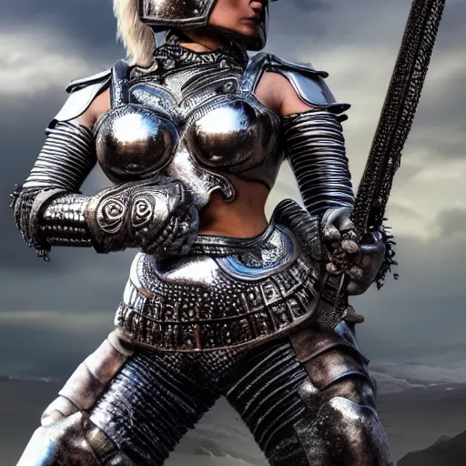 Image similar to female warrior with metal jaguar armour, highly detailed, 4k, HDR, smooth, sharp focus, hyper realistic, high resolution