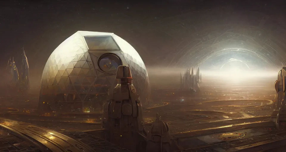 Image similar to cinematic shot, futuristic city on the moon inside a giant geodesic dome, utopian, night, stars, digital painting, artstation, concept art, smooth, sharp focus, illustration, intricate, elegant, highly detailed, in the style of greg rutkowski and alphonse mucha and artemisia, 8 k, highly detailed, jurgens, rutkowski